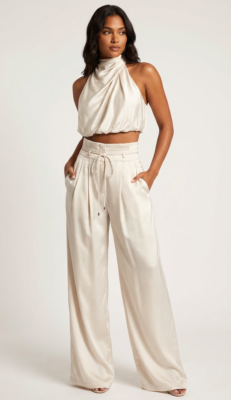 Conjunto de Satén de Dos Piezas | Top Halter y Pantalón Ancho