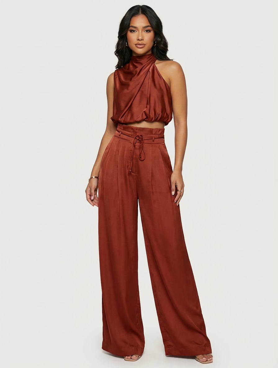 Conjunto de Satén de Dos Piezas | Top Halter y Pantalón Ancho