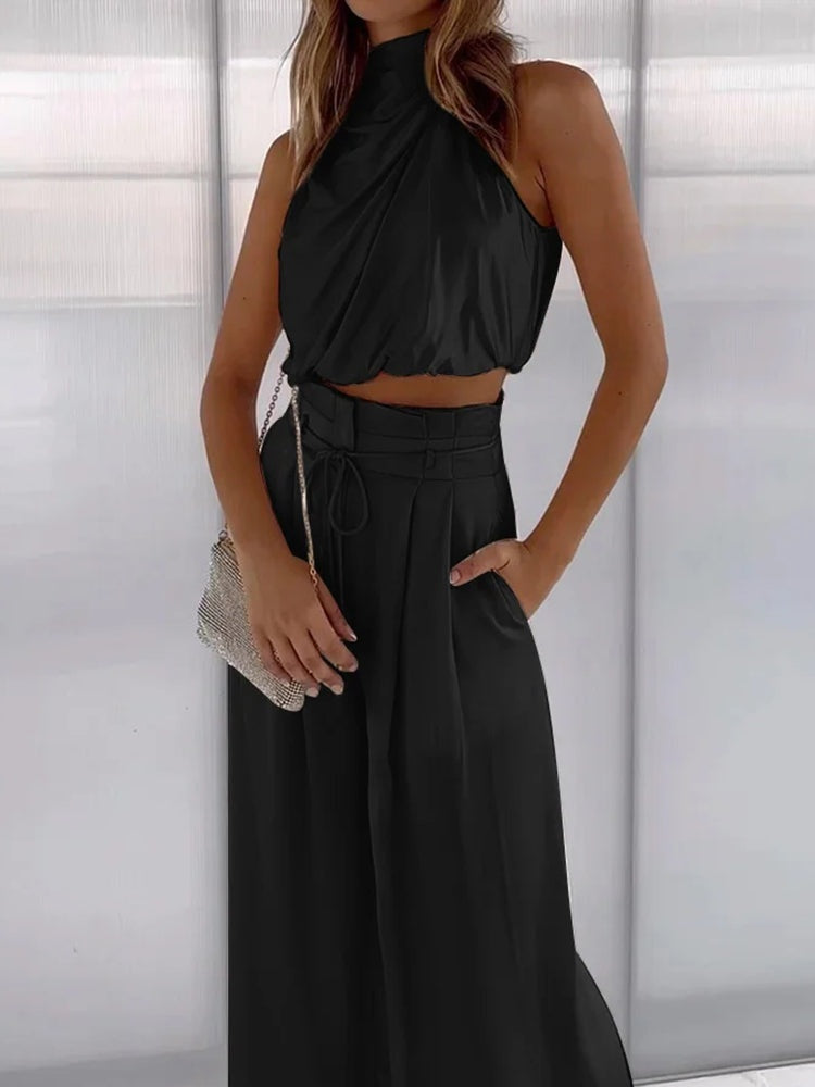 Conjunto de Satén de Dos Piezas | Top Halter y Pantalón Ancho