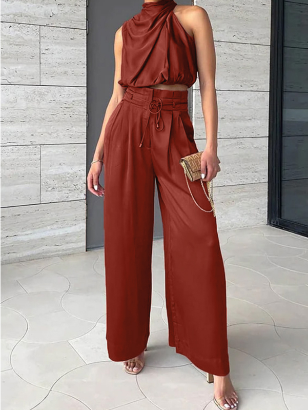 Conjunto de Satén de Dos Piezas | Top Halter y Pantalón Ancho