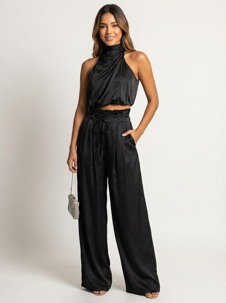 Conjunto de Satén de Dos Piezas | Top Halter y Pantalón Ancho