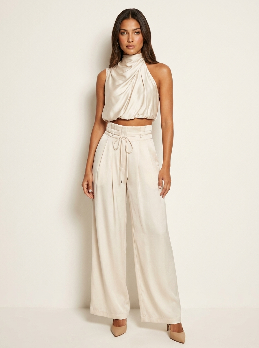 Conjunto de Satén de Dos Piezas | Top Halter y Pantalón Ancho