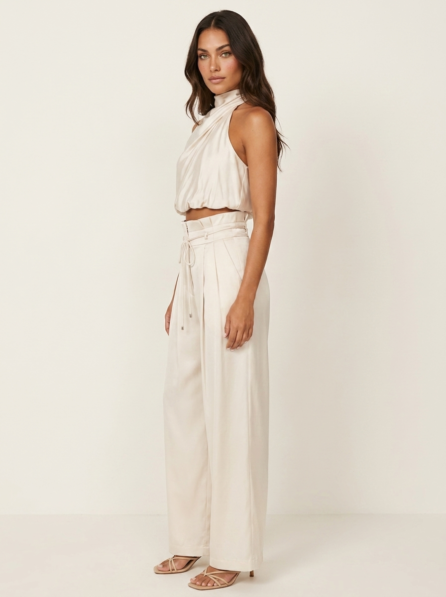 Conjunto de Satén de Dos Piezas | Top Halter y Pantalón Ancho