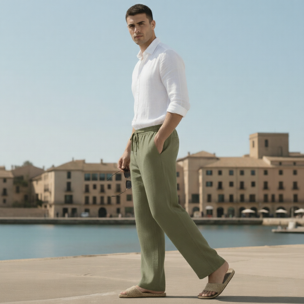 Pantalones de lino para hombre de corte ancho de verano premium