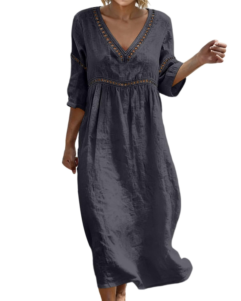 Vestido Largo Mujer | Algodón Lino, Escote V, Mangas 3/4 Bohemio
