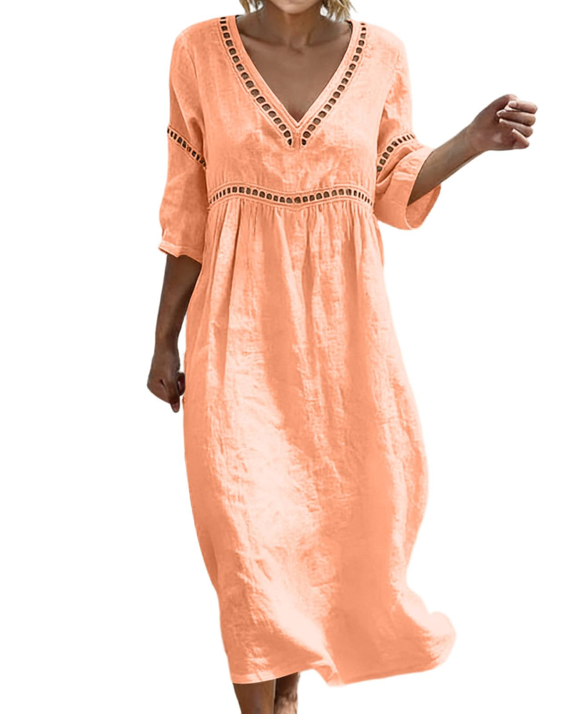 Vestido Largo Mujer | Algodón Lino, Escote V, Mangas 3/4 Bohemio