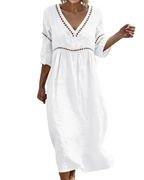 Vestido Largo Mujer | Algodón Lino, Escote V, Mangas 3/4 Bohemio
