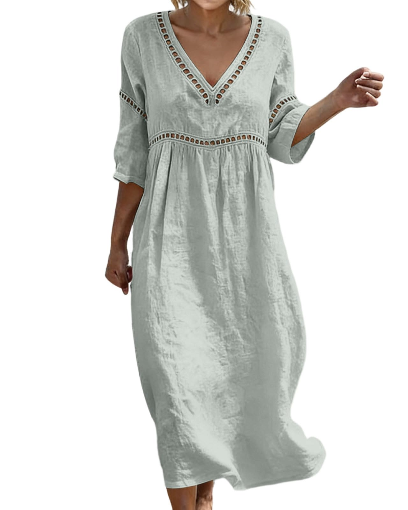 Vestido Largo Mujer | Algodón Lino, Escote V, Mangas 3/4 Bohemio