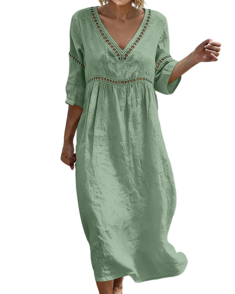 Vestido Largo Mujer | Algodón Lino, Escote V, Mangas 3/4 Bohemio