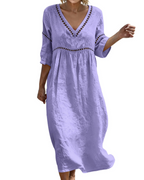 Vestido Largo Mujer | Algodón Lino, Escote V, Mangas 3/4 Bohemio