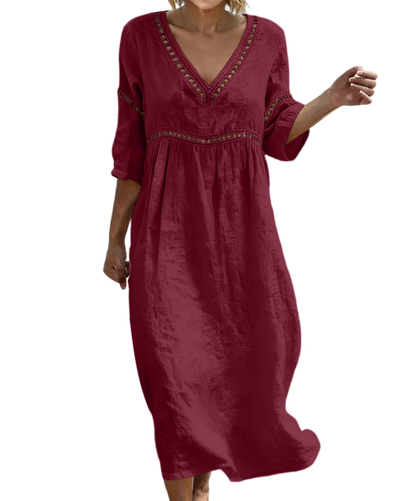 Vestido Largo Mujer | Algodón Lino, Escote V, Mangas 3/4 Bohemio