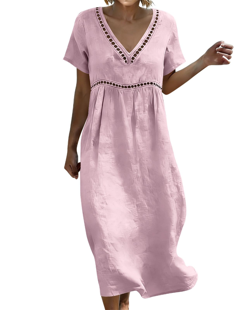 Vestido Largo Mujer | Algodón Lino, Escote V, Mangas 3/4 Bohemio