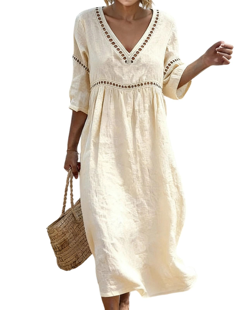 Vestido Largo Mujer | Algodón Lino, Escote V, Mangas 3/4 Bohemio