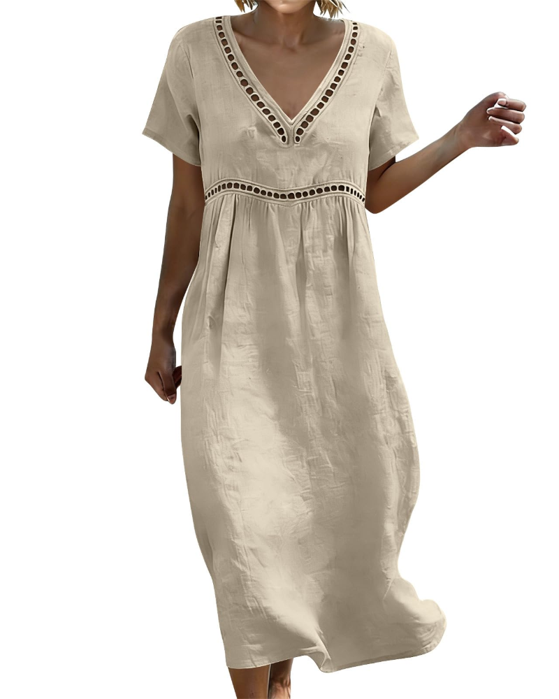 Vestido Largo Mujer | Algodón Lino, Escote V, Mangas 3/4 Bohemio