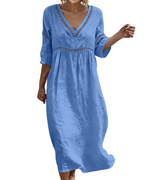 Vestido Largo Mujer | Algodón Lino, Escote V, Mangas 3/4 Bohemio