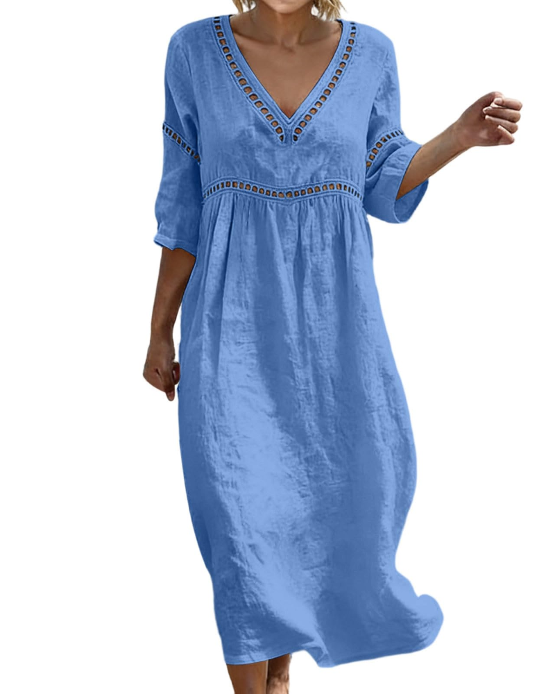 Vestido Largo Mujer | Algodón Lino, Escote V, Mangas 3/4 Bohemio