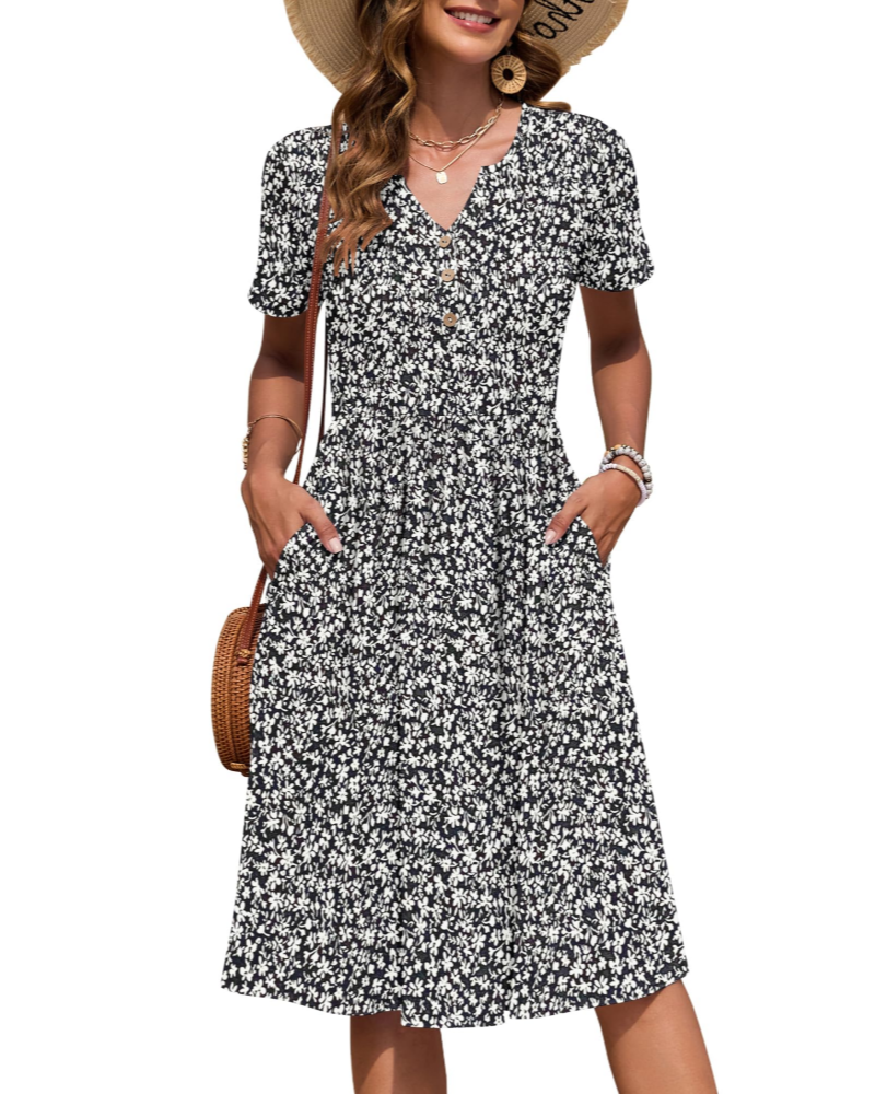 Vestido Mujer Verano | Midi Cuello V Botones Cintura Imperio Bolsillos