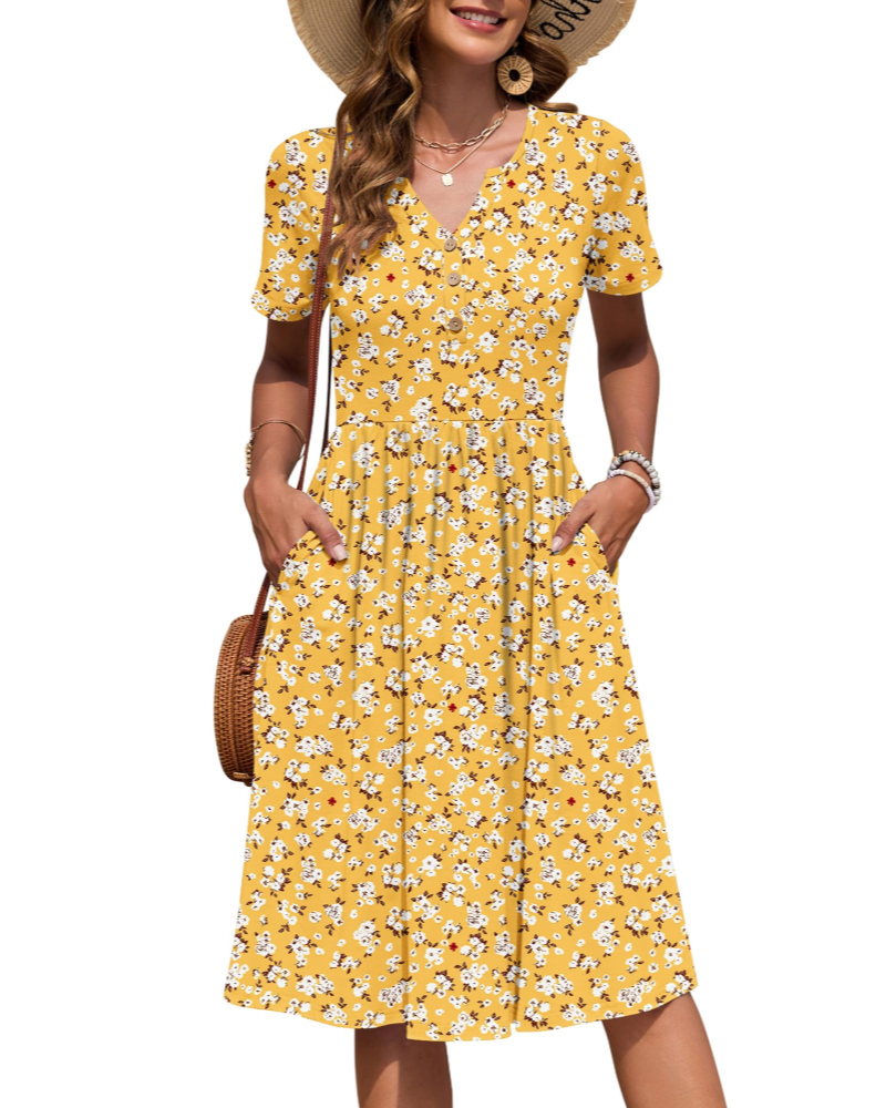 Vestido Mujer Verano | Midi Cuello V Botones Cintura Imperio Bolsillos