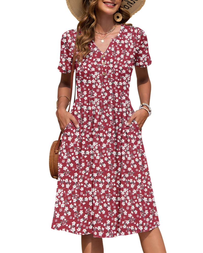 Vestido Mujer Verano | Midi Cuello V Botones Cintura Imperio Bolsillos