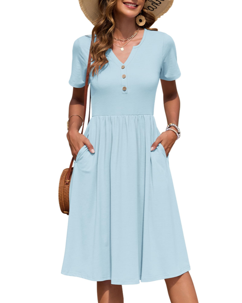 Vestido Mujer Verano | Midi Cuello V Botones Cintura Imperio Bolsillos