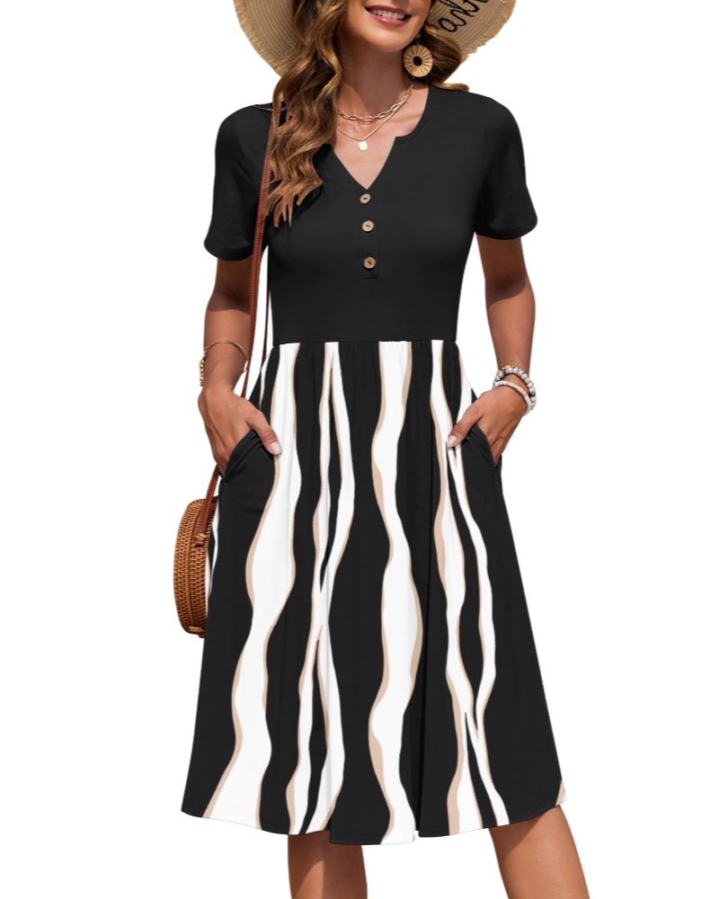 Vestido Mujer Verano | Midi Cuello V Botones Cintura Imperio Bolsillos