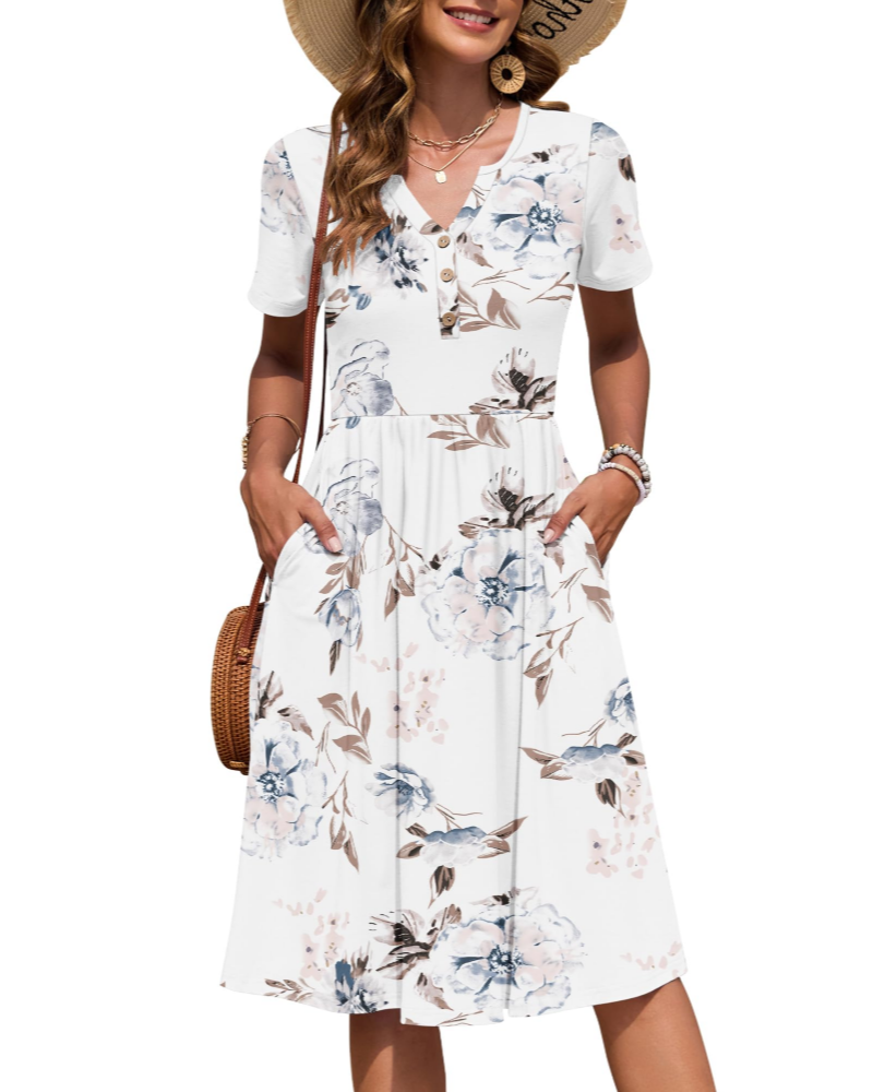 Vestido Mujer Verano | Midi Cuello V Botones Cintura Imperio Bolsillos