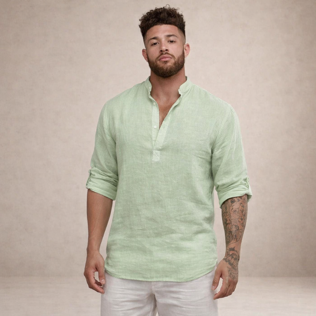 Camisa de Lino Hombre | Ajuste Regular, Cuello Levantado, Transpirable