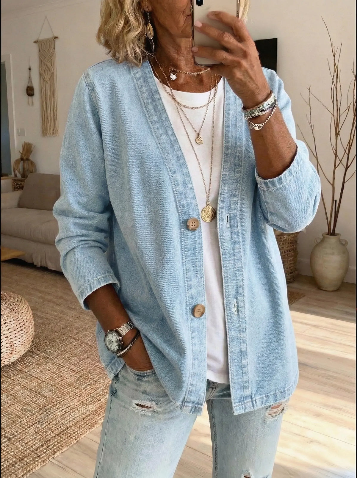 Abrigo denim mujer botones manga larga silueta recta