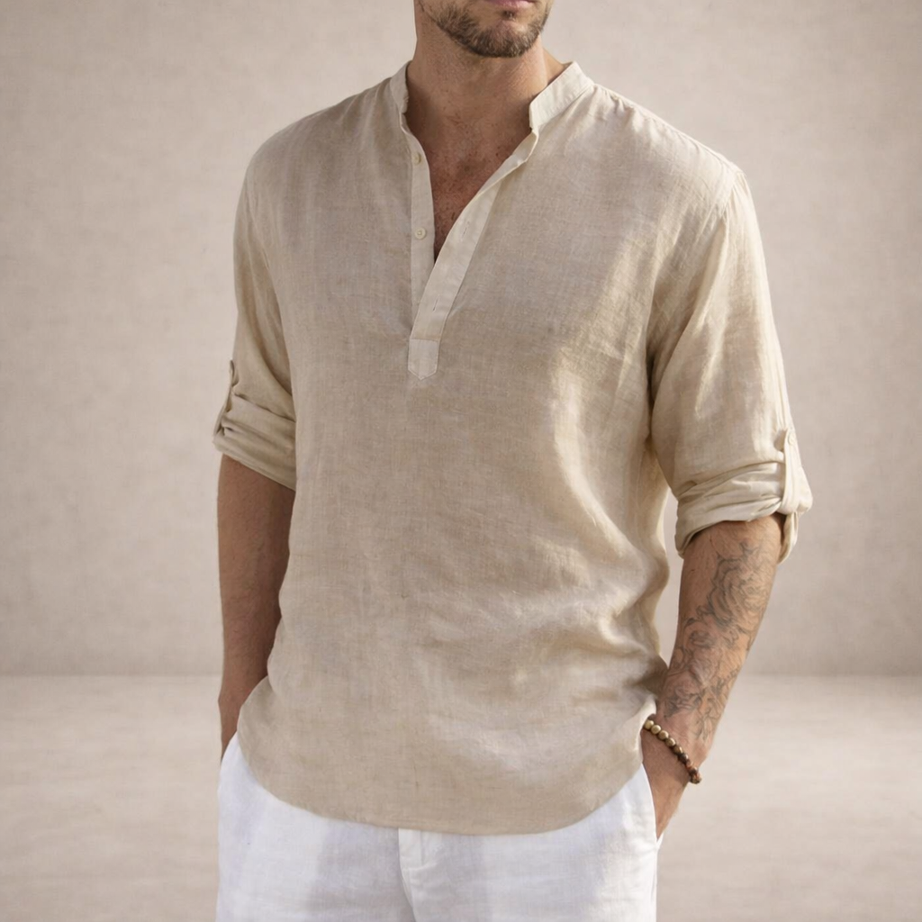 Camisa de Lino Hombre | Ajuste Regular, Cuello Levantado, Transpirable