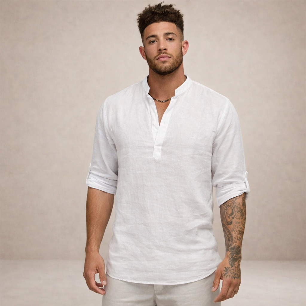 Camisa de Lino Hombre | Ajuste Regular, Cuello Levantado, Transpirable