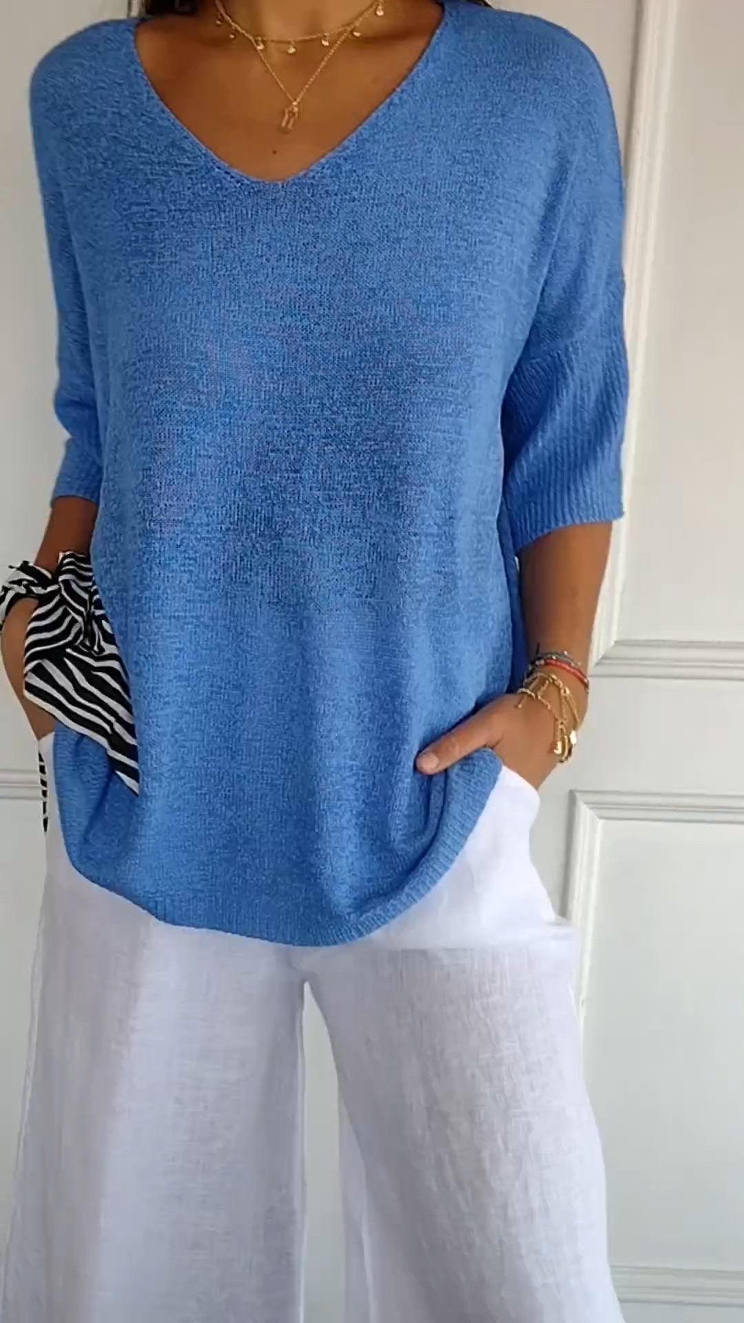 Jersey de punto mujer cuello V liso elástico