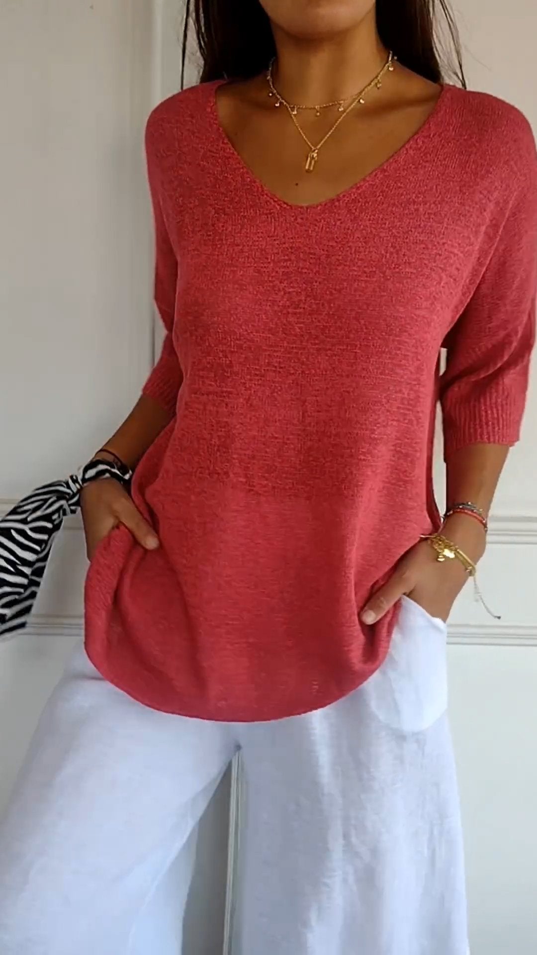 Jersey de punto mujer cuello V liso elástico
