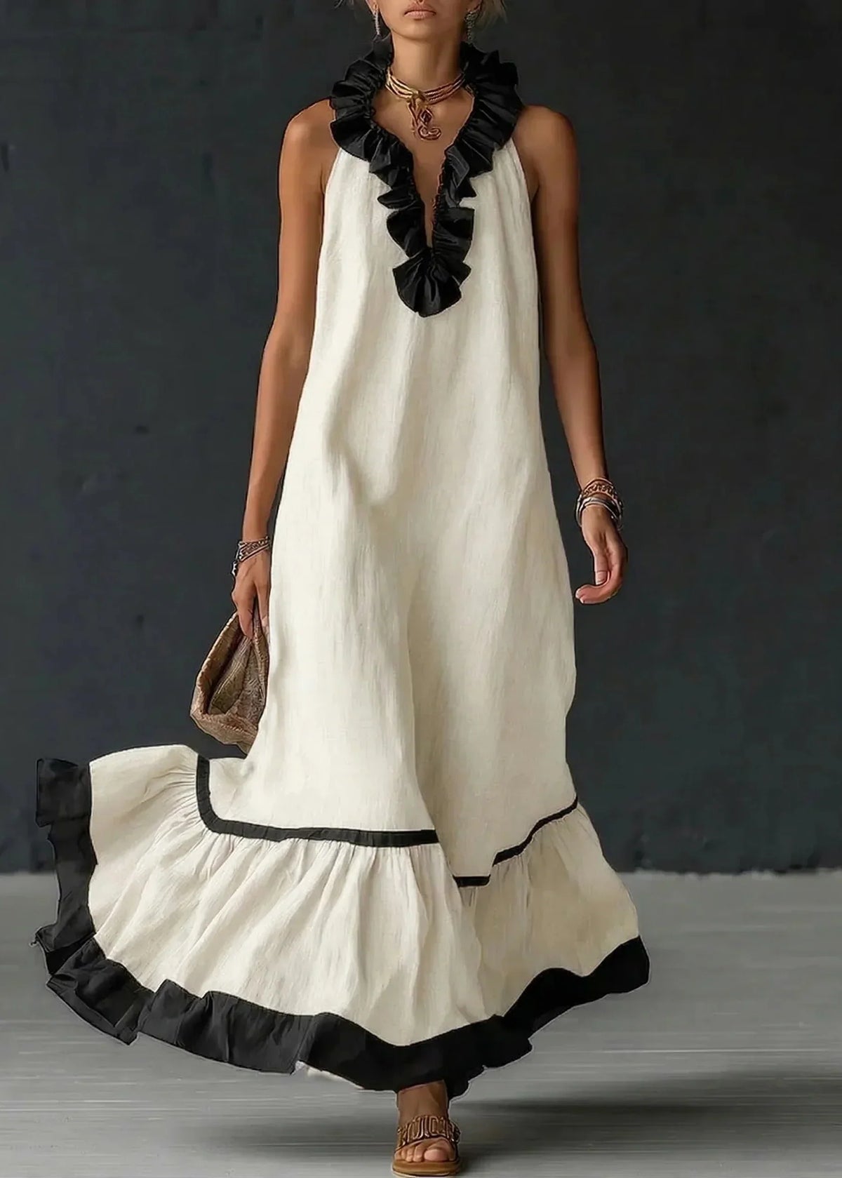 Vestido largo mujer con volantes cuello halter
