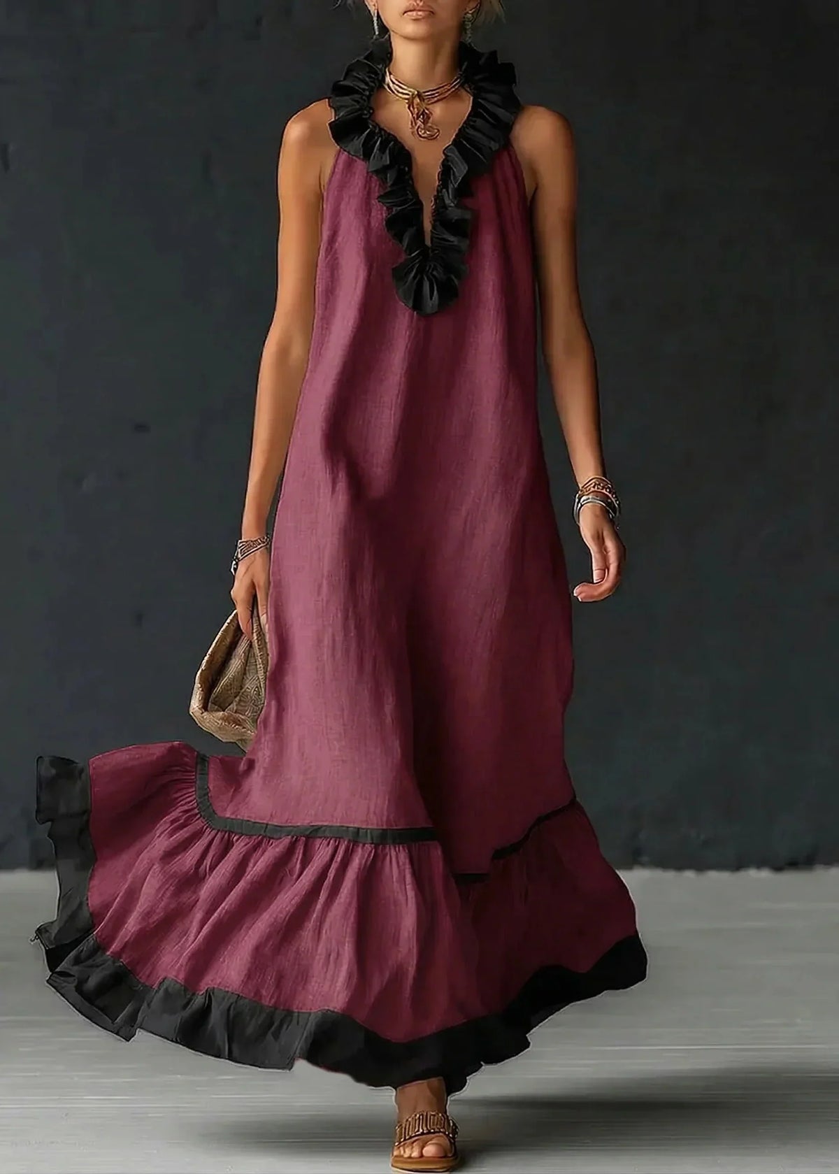 Vestido largo mujer con volantes cuello halter