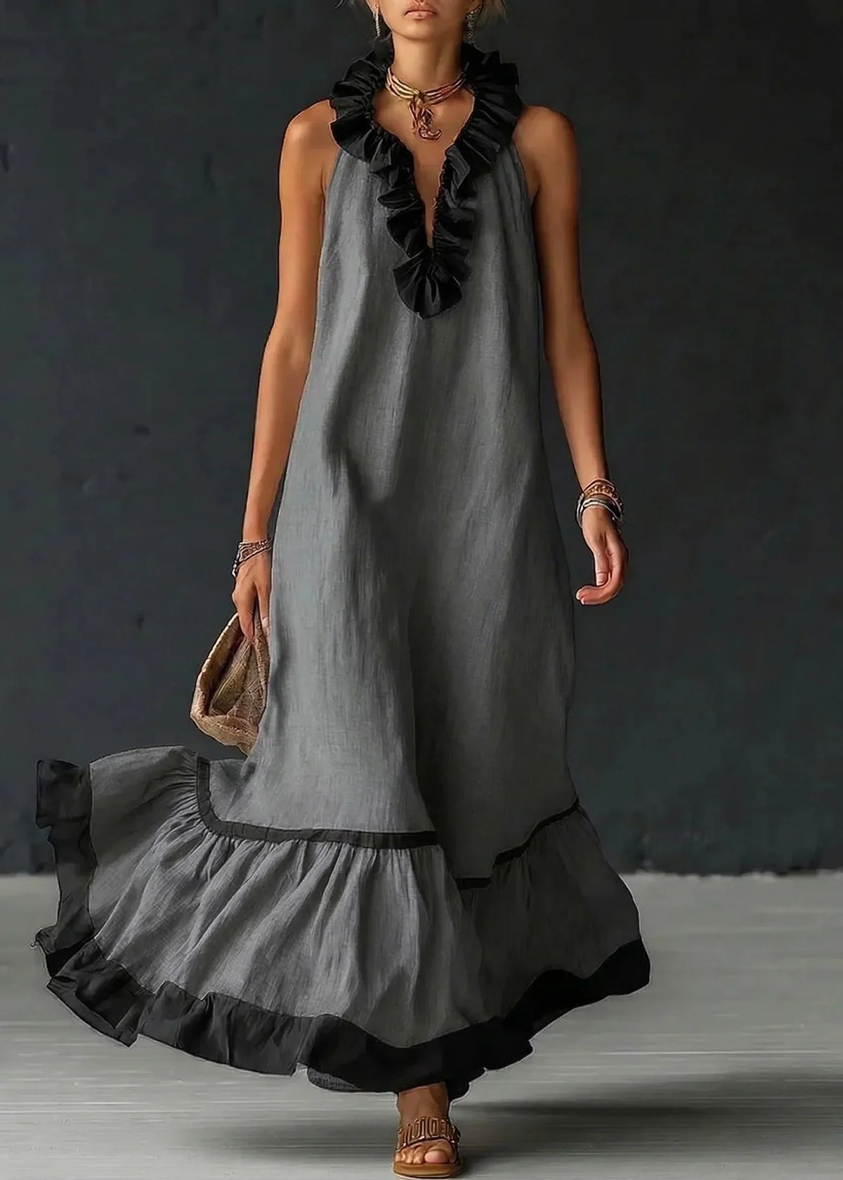 Vestido largo mujer con volantes cuello halter