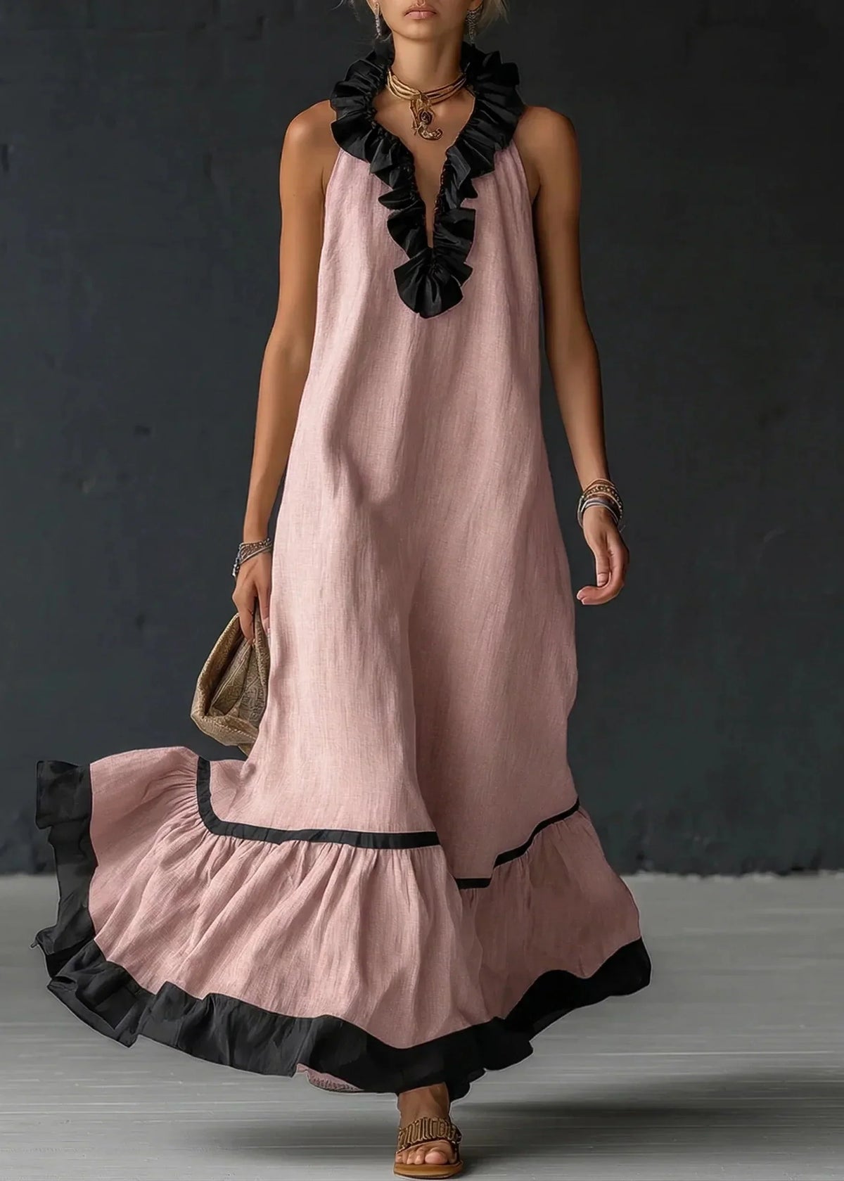 Vestido largo mujer con volantes cuello halter