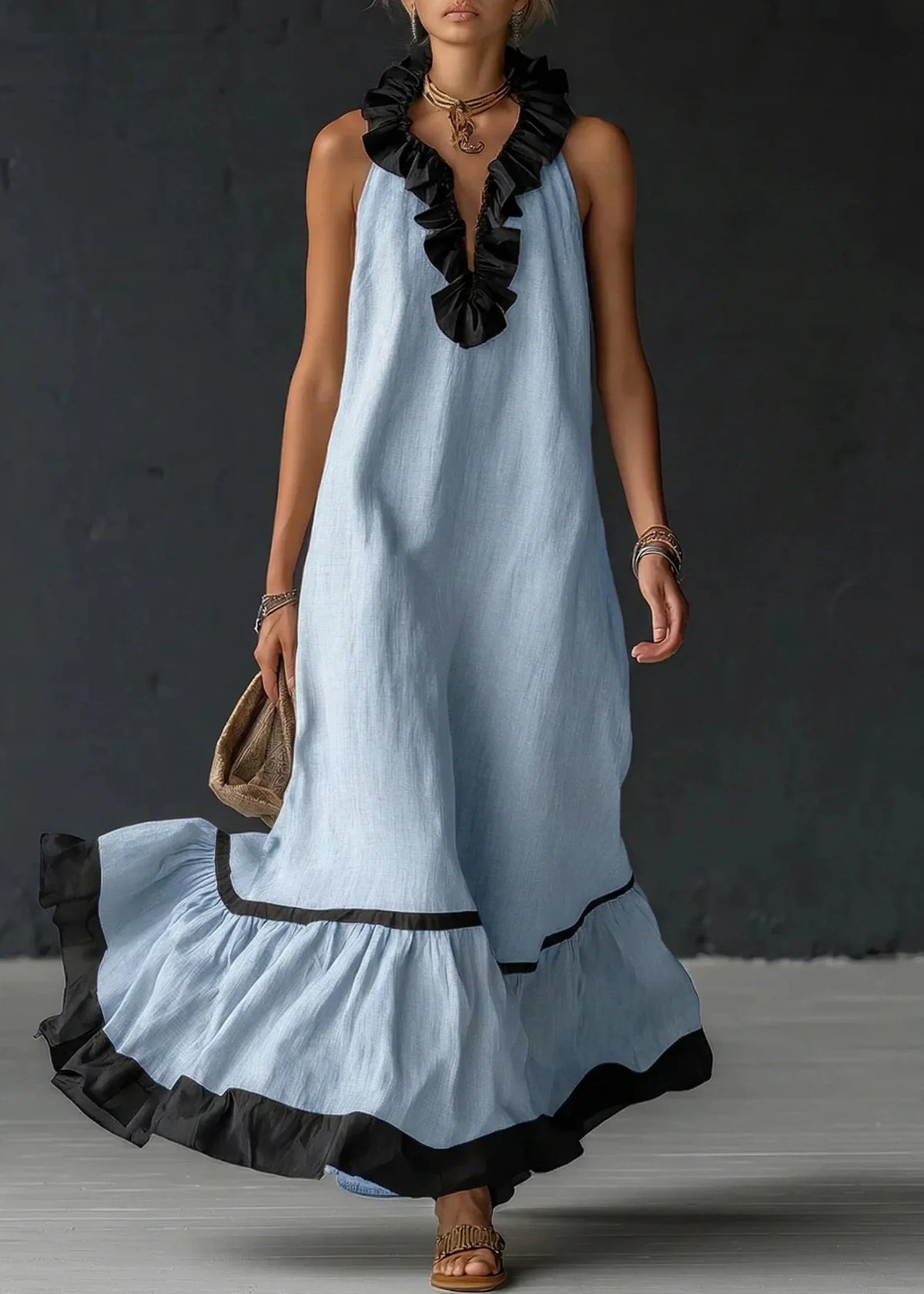 Vestido largo mujer con volantes cuello halter