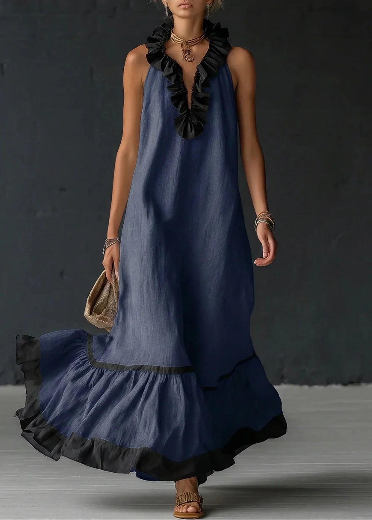 Vestido largo mujer con volantes cuello halter