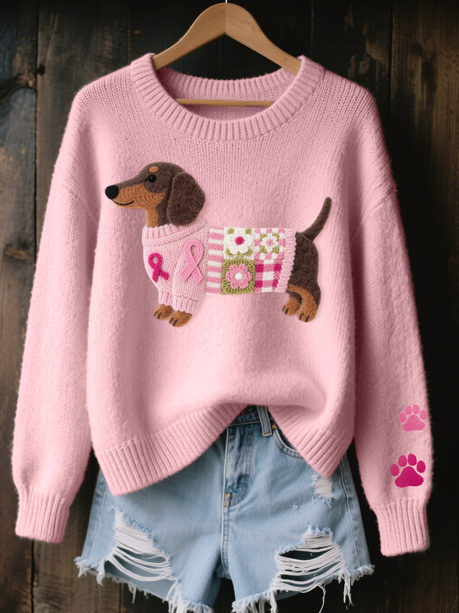 Sweater tejido mujer motivo perro salchicha fieltro patchwork