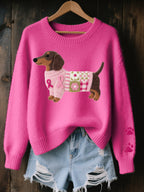 Sweater tejido mujer motivo perro salchicha fieltro patchwork