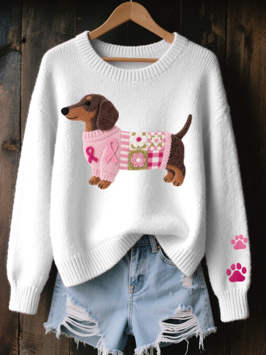 Sweater tejido mujer motivo perro salchicha fieltro patchwork