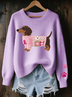 Sweater tejido mujer motivo perro salchicha fieltro patchwork