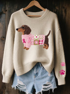 Sweater tejido mujer motivo perro salchicha fieltro patchwork
